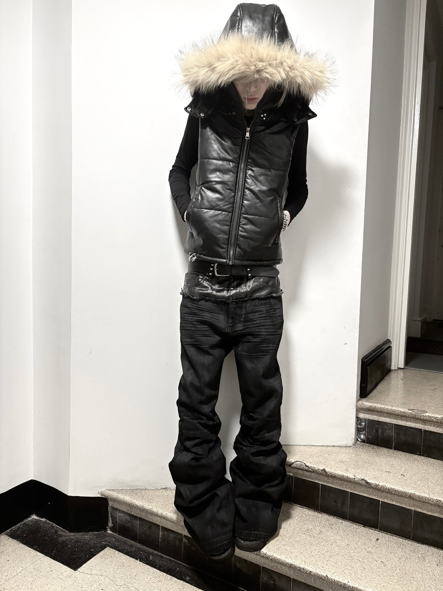 'Nightcore' Waxed Oil Spill Cut-up Flared Denim