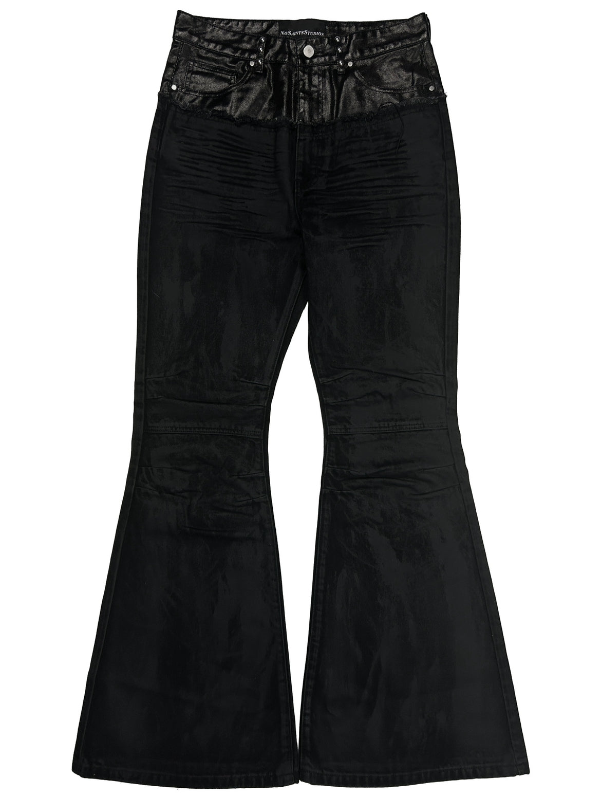 'Nightcore' Waxed Oil Spill Cut-up Flared Denim