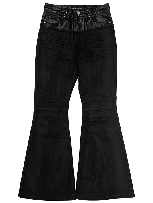 'Nightcore' Waxed Oil Spill Cut-up Flared Denim