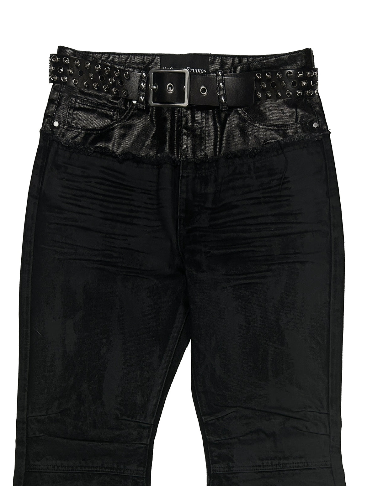 'Nightcore' Waxed Oil Spill Cut-up Flared Denim