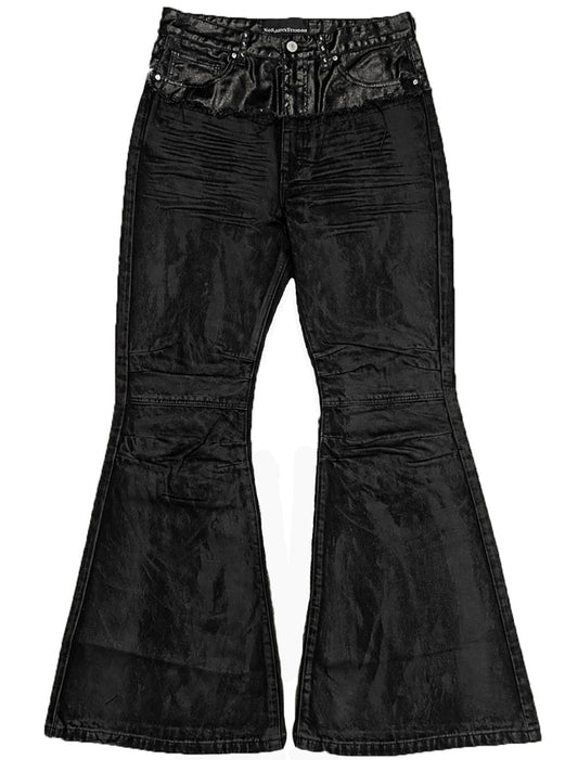 'Nightcore' Waxed Oil Spill Cut-up Flared Denim