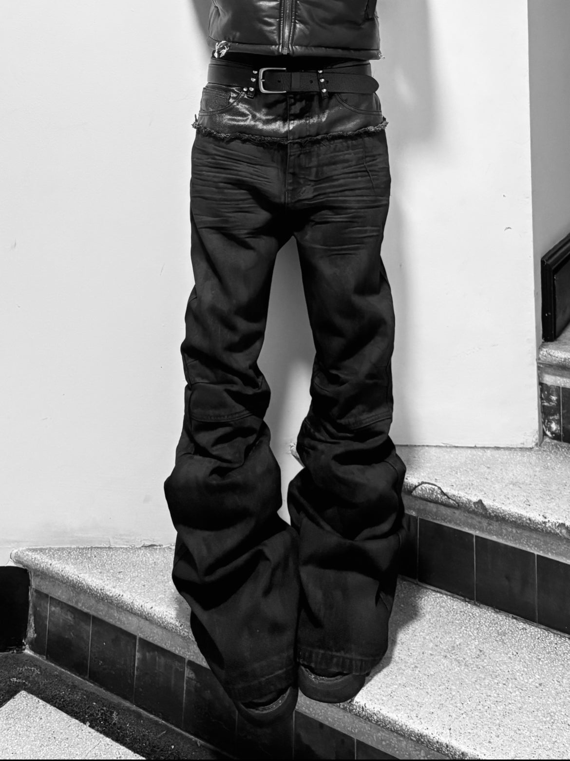 'Nightcore' Waxed Oil Spill Cut-up Flared Denim
